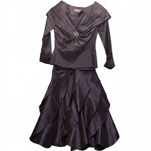 Satin Pleated Deep Purple Maxi Dress with Decorative Brooch